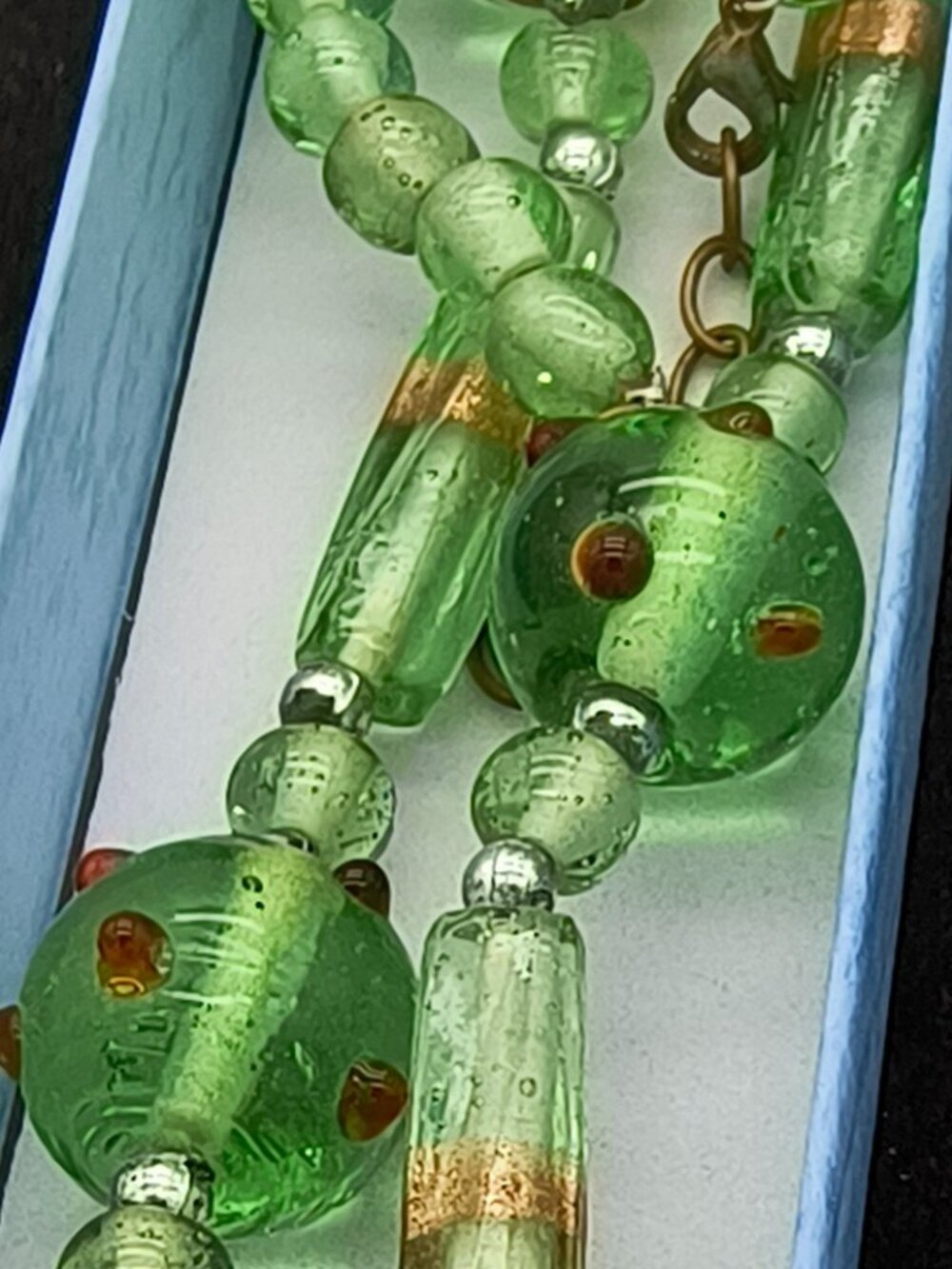 Vintage Artisan Handmade Lampwork Art Glass Bead Necklace Green Foil/Dot Beads